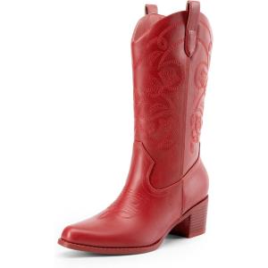 image:imageDREAM PAIRS Cowboy Boots for Women Cowgirl Western Boots Fashion Embroidery Stitched Chunky Heel Mid Calf BootsRedpu