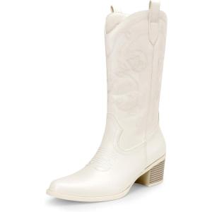 image:imageDREAM PAIRS Cowboy Boots for Women Cowgirl Western Boots Fashion Embroidery Stitched Chunky Heel Mid Calf BootsWhitepu