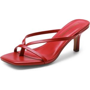 image:imageDREAM PAIRS Kitten Heels for Women Flip Flops Slip on Low Heels Open Square Toe Thong Heeled Strappy Sandals Slides Comfortable Dress ShoesRed