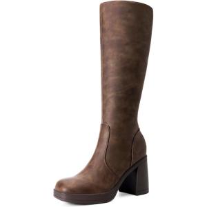 image:imageDREAM PAIRS Knee High Boots for Women Platform Square Toe Chunky Block Heeled Stylish Comfortable Tall Boots with Side ZipperBrown
