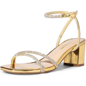 image:imageDREAM PAIRS Womens Chunky Strappy Heels Square Open Toe Ankle Buckle Low Heels Sandals for Daily Wedding Party DressGoldrhinestone