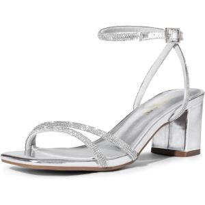 image:imageDREAM PAIRS Womens Chunky Strappy Heels Square Open Toe Ankle Buckle Low Heels Sandals for Daily Wedding Party DressSilverrhinestone