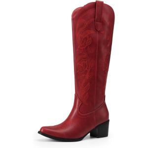 image:imageDREAM PAIRS Womens Cowboy Boots Western Comfortable Chunky Heel Square Toe Embroidered Cowgirl Knee High BootsRed