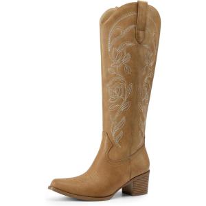 image:imageDREAM PAIRS Womens Cowboy Boots Western Comfortable Chunky Heel Square Toe Embroidered Cowgirl Knee High BootsTan