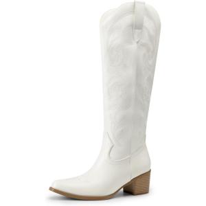 image:imageDREAM PAIRS Womens Cowboy Boots Western Comfortable Chunky Heel Square Toe Embroidered Cowgirl Knee High BootsWhite
