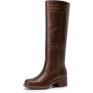 image:imageDREAM PAIRS Womens Knee High Boots Pullon Tall Shaft with Western Stitching Vintage Style Comfortable Square Toe Boots for WomenDark Brown