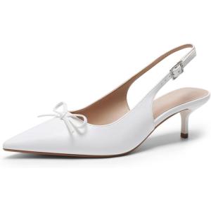 image:imageDREAM PAIRS Womens Slingback Kitten Heels Pointed Toe 217 Inch Low Bow Dress Shoes All Day Wear Comfortable Formal Wedding PumpsWhite