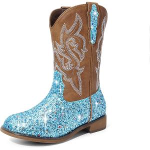 image:imageDREAM PAIRS Girls Cowgirl Boots Glitter Toddler Cowboy Boots Child Mid Calf Riding Shoes Party Birthday Dress Up for ToddlerLittleBig KidBlue