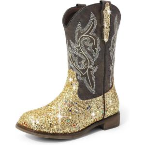 image:imageDREAM PAIRS Girls Cowgirl Boots Glitter Toddler Cowboy Boots Child Mid Calf Riding Shoes Party Birthday Dress Up for ToddlerLittleBig KidGold