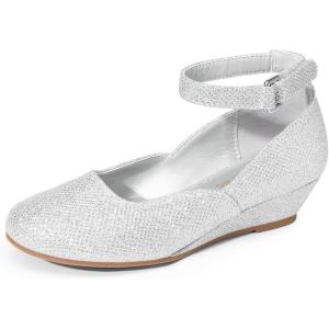 image:imageDREAM PAIRS Girls Dress Shoes Low Wedge Heels Ankle Strap Wedding Flower Party Pump for Toddler Little Big KidSilver