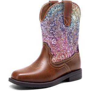 image:imageDREAM PAIRS Toddler Boys Girls Cowboy Cowgirl Boots Little Kids Western Square Toe Riding Mid Calf BootsBrownMulti
