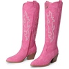 image:imageDREAM PAIRS Cowgirl Boots Women Knee High Cowboy Boots Pointed Toe Chunky Block Heel Suede Tall Western Boots with EmbroideredHot Pink