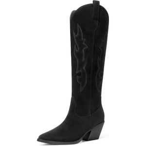 image:imageDREAM PAIRS Cowgirl Boots Women Knee High Cowboy Boots Pointed Toe Chunky Block Heel Suede Tall Western Boots with EmbroideredBlack