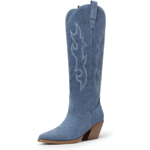 image:imageDREAM PAIRS Cowgirl Boots Women Knee High Cowboy Boots Pointed Toe Chunky Block Heel Suede Tall Western Boots with EmbroideredBlue