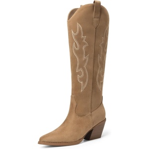 image:imageDREAM PAIRS Cowgirl Boots Women Knee High Cowboy Boots Pointed Toe Chunky Block Heel Suede Tall Western Boots with EmbroideredBrown