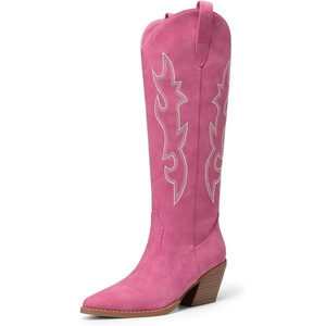 image:imageDREAM PAIRS Cowgirl Boots Women Knee High Cowboy Boots Pointed Toe Chunky Block Heel Suede Tall Western Boots with EmbroideredHot Pink