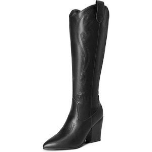 image:imageDREAM PAIRS Cowboy Boots For Women Comfortable Pull On Zipper Chunky Heel Pointed Toe Embroidered Western Cowgirl Knee High BootsBlack