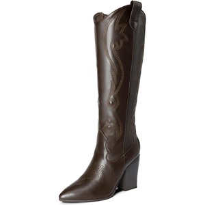 image:imageDREAM PAIRS Cowboy Boots For Women Comfortable Pull On Zipper Chunky Heel Pointed Toe Embroidered Western Cowgirl Knee High BootsBrown