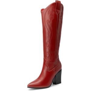 image:imageDREAM PAIRS Cowboy Boots For Women Comfortable Pull On Zipper Chunky Heel Pointed Toe Embroidered Western Cowgirl Knee High BootsRedpu