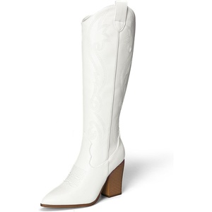 image:imageDREAM PAIRS Cowboy Boots For Women Comfortable Pull On Zipper Chunky Heel Pointed Toe Embroidered Western Cowgirl Knee High BootsWhite