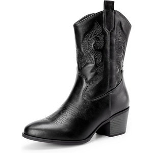 image:imageDREAM PAIRS Cowboy Boots for Women Mid Calf Cowgirl Boots with Embroidery Round Toe Western Chunky Low Heel ShoesAll Black