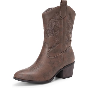 image:imageDREAM PAIRS Cowboy Boots for Women Mid Calf Cowgirl Boots with Embroidery Round Toe Western Chunky Low Heel ShoesBrown