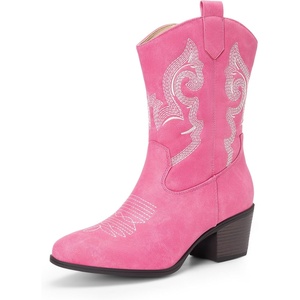image:imageDREAM PAIRS Cowboy Boots for Women Mid Calf Cowgirl Boots with Embroidery Round Toe Western Chunky Low Heel ShoesPink
