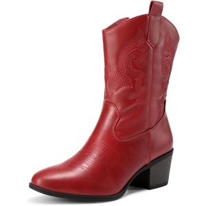 image:imageDREAM PAIRS Cowboy Boots for Women Mid Calf Cowgirl Boots with Embroidery Round Toe Western Chunky Low Heel ShoesRed
