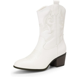 image:imageDREAM PAIRS Cowboy Boots for Women Mid Calf Cowgirl Boots with Embroidery Round Toe Western Chunky Low Heel ShoesWhite