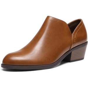 image:imageDREAM PAIRS Womens Ankle Boots Fall Boots Leather Thick Heel Side Zip Women Low Chunky Heeled BootiesBrownpu