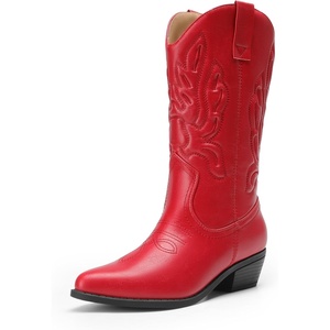 image:imageDREAM PAIRS Womens Cowboy Boots Mid Calf Cowgirl Boots Embroidery Stitched Western BootsRed