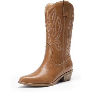 image:imageDREAM PAIRS Womens Cowboy Boots Mid Calf Cowgirl Boots Embroidery Stitched Western BootsTan