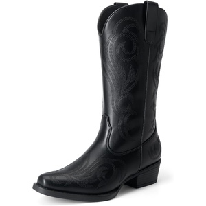 image:imageDREAM PAIRS Womens Cowboy Boots Mid Calf Cowgirl Boots Square Toe Chunky Heel Embroidery Stitched Western BootsAll Black