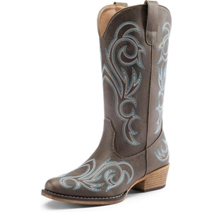 image:imageDREAM PAIRS Womens Cowboy Boots Mid Calf Cowgirl Boots Square Toe Chunky Heel Embroidery Stitched Western BootsBrown