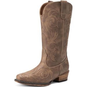 image:imageDREAM PAIRS Womens Cowboy Boots Mid Calf Cowgirl Boots Square Toe Chunky Heel Embroidery Stitched Western BootsLight Brown