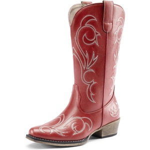 image:imageDREAM PAIRS Womens Cowboy Boots Mid Calf Cowgirl Boots Square Toe Chunky Heel Embroidery Stitched Western BootsRed