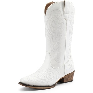 image:imageDREAM PAIRS Womens Cowboy Boots Mid Calf Cowgirl Boots Square Toe Chunky Heel Embroidery Stitched Western BootsWhite