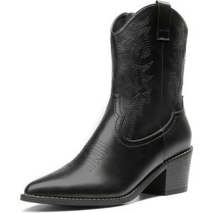 image:imageDREAM PAIRS Womens Cowboy Boots Pointed Toe Chunky Heel Zipper PullOn Stitched Western Ankle BootsBlack