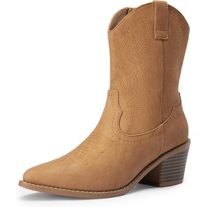 image:imageDREAM PAIRS Womens Cowboy Boots Pointed Toe Chunky Heel Zipper PullOn Stitched Western Ankle BootsKhakipu