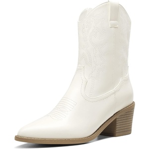 image:imageDREAM PAIRS Womens Cowboy Boots Pointed Toe Chunky Heel Zipper PullOn Stitched Western Ankle BootsWhite