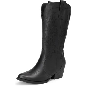 image:imageDREAM PAIRS Womens Cowboy Cowgirl Boots Embroidered Pointed Toe Low Heel Western Mid Calf Boot for Theme Party Country ConcertAll Black