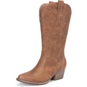 image:imageDREAM PAIRS Womens Cowboy Cowgirl Boots Embroidered Pointed Toe Low Heel Western Mid Calf Boot for Theme Party Country ConcertAll Brown