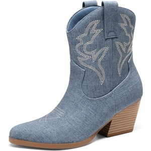 image:imageDREAM PAIRS Womens Cowboy Cowgirl Boots Embroidered Stitched Short Western Boots Low Chunky Heel Pointed Toe Ankle BootiesBlue Denim
