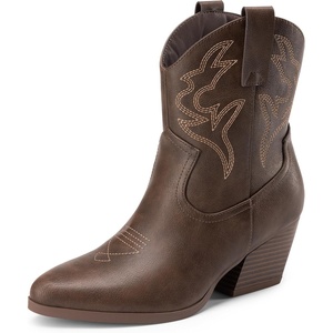 image:imageDREAM PAIRS Womens Cowboy Cowgirl Boots Embroidered Stitched Short Western Boots Low Chunky Heel Pointed Toe Ankle BootiesBrown