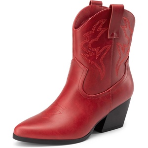 image:imageDREAM PAIRS Womens Cowboy Cowgirl Boots Embroidered Stitched Short Western Boots Low Chunky Heel Pointed Toe Ankle BootiesRed