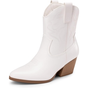 image:imageDREAM PAIRS Womens Cowboy Cowgirl Boots Embroidered Stitched Short Western Boots Low Chunky Heel Pointed Toe Ankle BootiesWhite