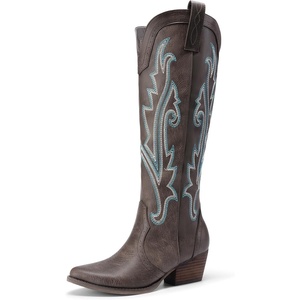 image:imageDREAM PAIRS Womens Embroidered Western PullOn KneeHigh Cowboy BootsBrown
