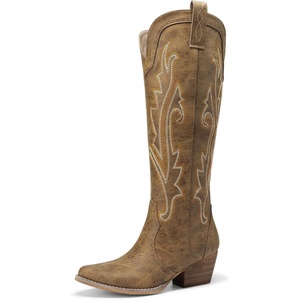 image:imageDREAM PAIRS Womens Embroidered Western PullOn KneeHigh Cowboy BootsTan