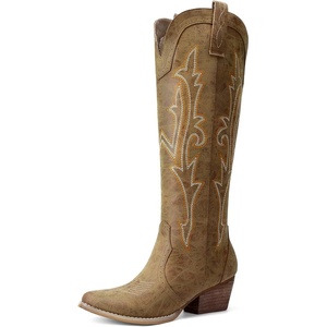 image:imageDREAM PAIRS Womens Embroidered Western PullOn KneeHigh Cowboy BootsTan Classic