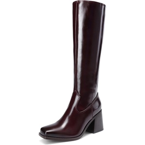 image:imageDREAM PAIRS Womens Knee High Boots Chunky Heel Square Toe Tall Boot for Women with Side ZipperBurgundy